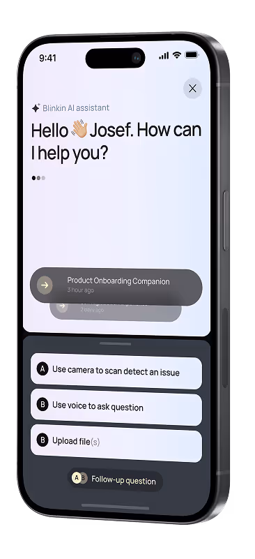 Smartphone screen showing Blinkin AI assistant greeting user Josef and offering options to scan issues with camera, ask questions by voice, or upload files.