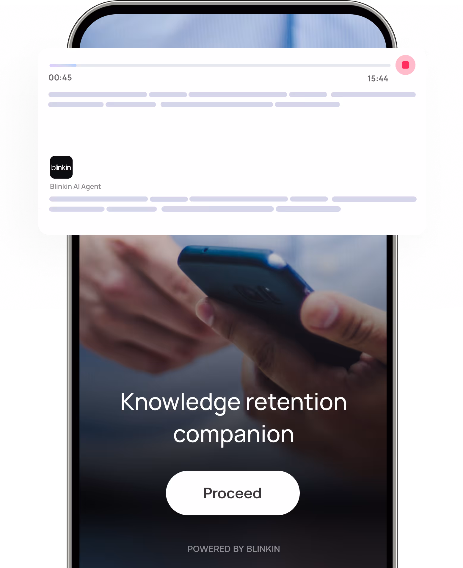 Close-up of a smartphone screen displaying the text 'Knowledge retention companion' with a 'Proceed' button and a pop-up chat window labeled Blinkin AI Agent.