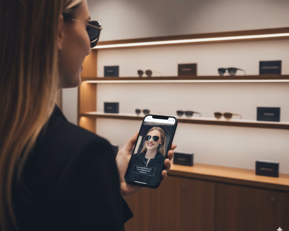Woman wearing sunglasses holds a smartphone displaying a virtual try-on of sunglasses in a store.