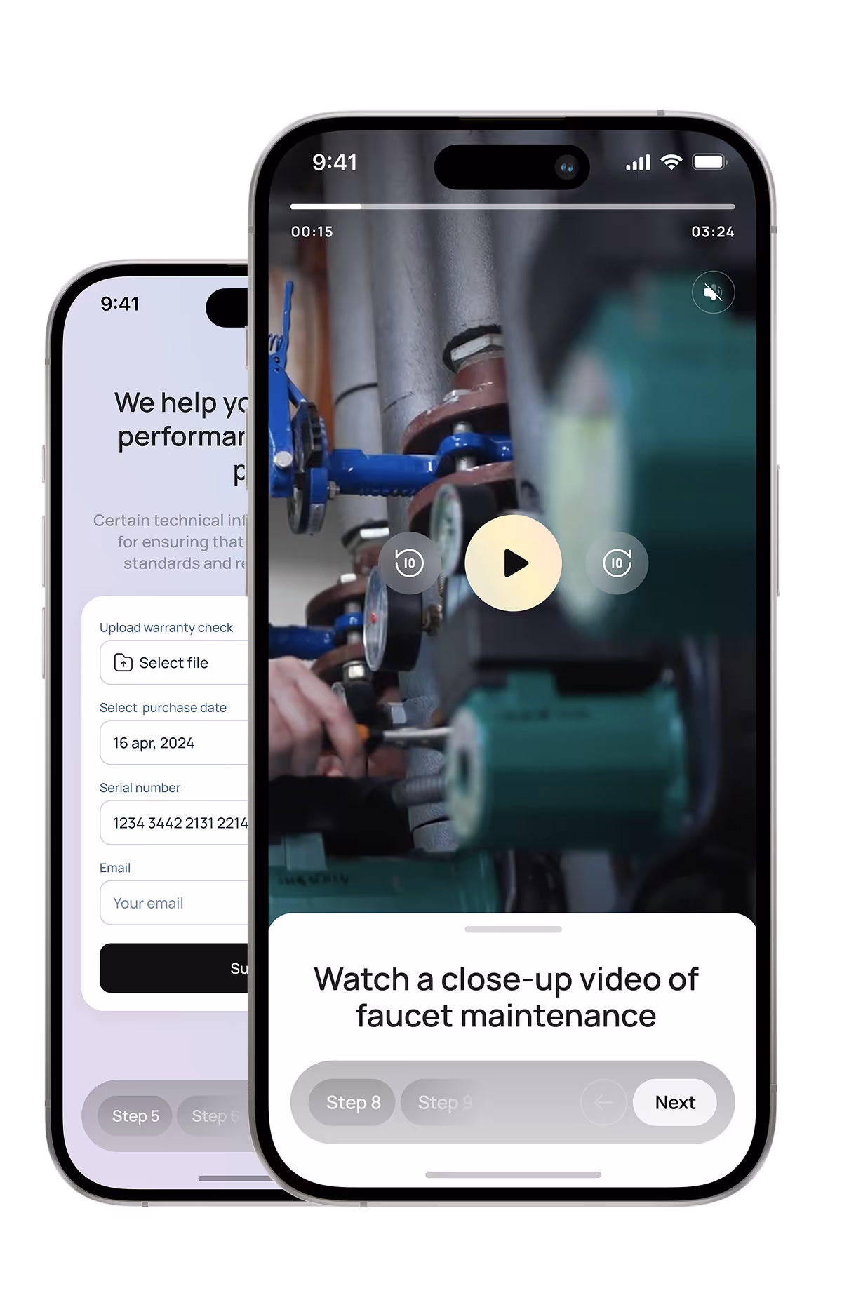 Two smartphones displaying an app, the front phone shows a close-up video of faucet maintenance with playback controls and a caption reading 'Watch a close-up video of faucet maintenance.'