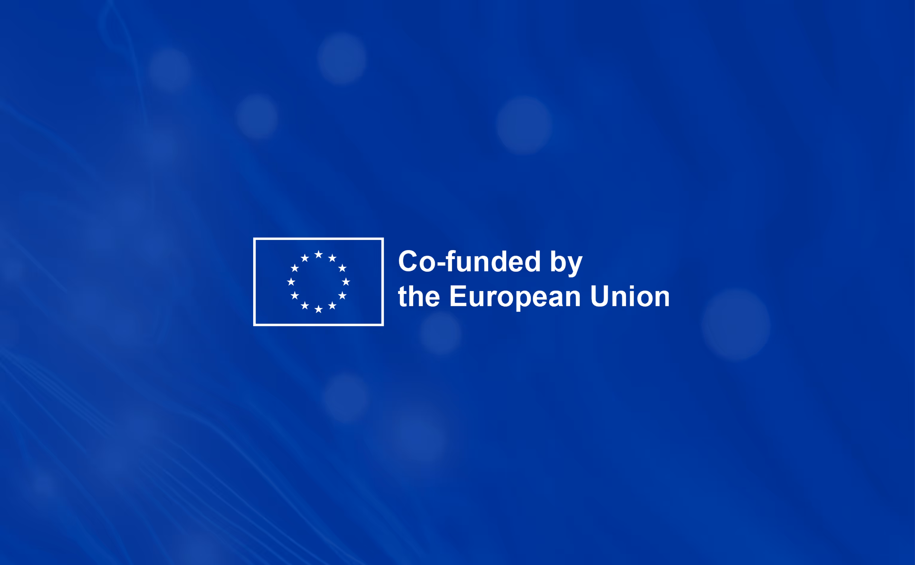White European Union stars circle icon beside text stating co-funded by the European Union on a blue background.