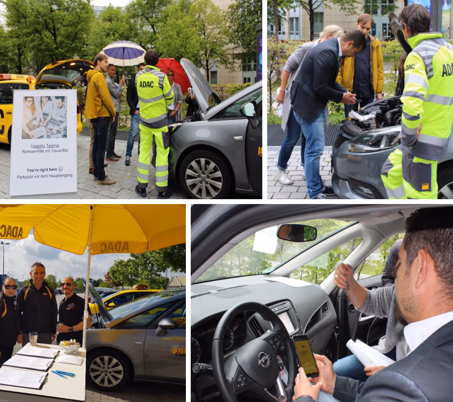 Collage of four scenes showing ADAC roadside assistance activities including mechanics inspecting a car engine, a group under a yellow ADAC umbrella, a customer using a mobile app inside a car, and a public information board.