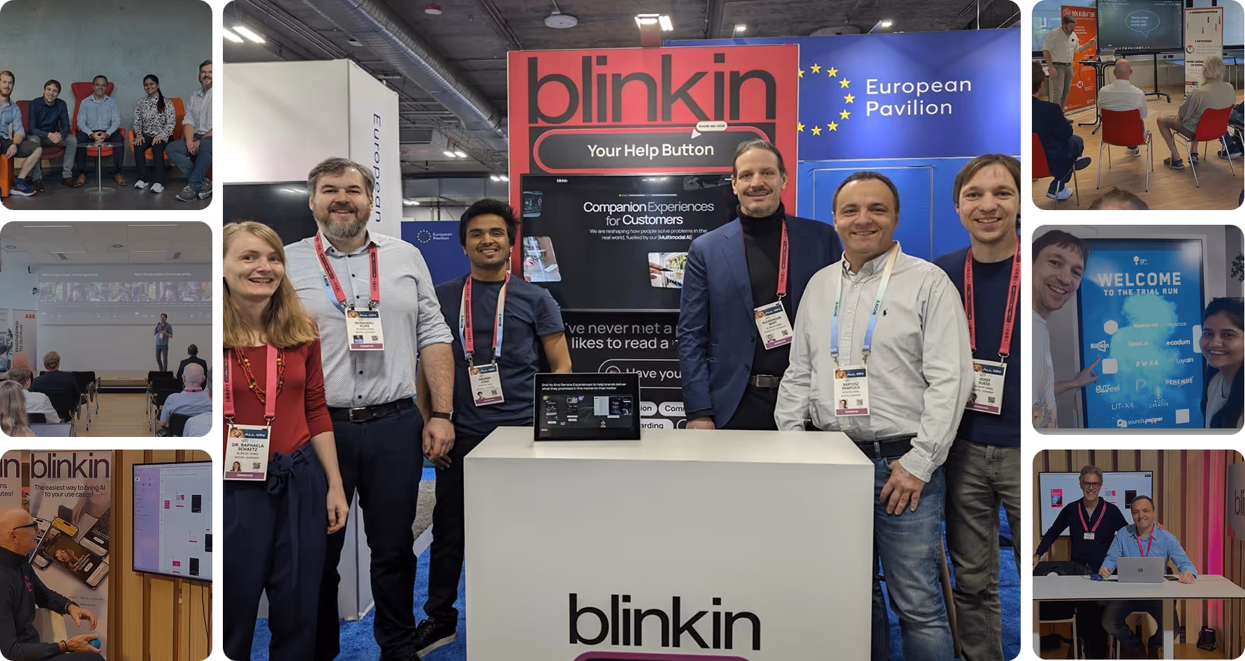 Six people standing in front of a Blinkin booth at the European Pavilion in a conference or trade show.