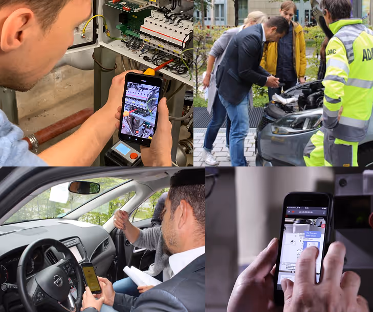 Collage of four images showing people using smartphones for vehicle and electrical system diagnostics and assistance.