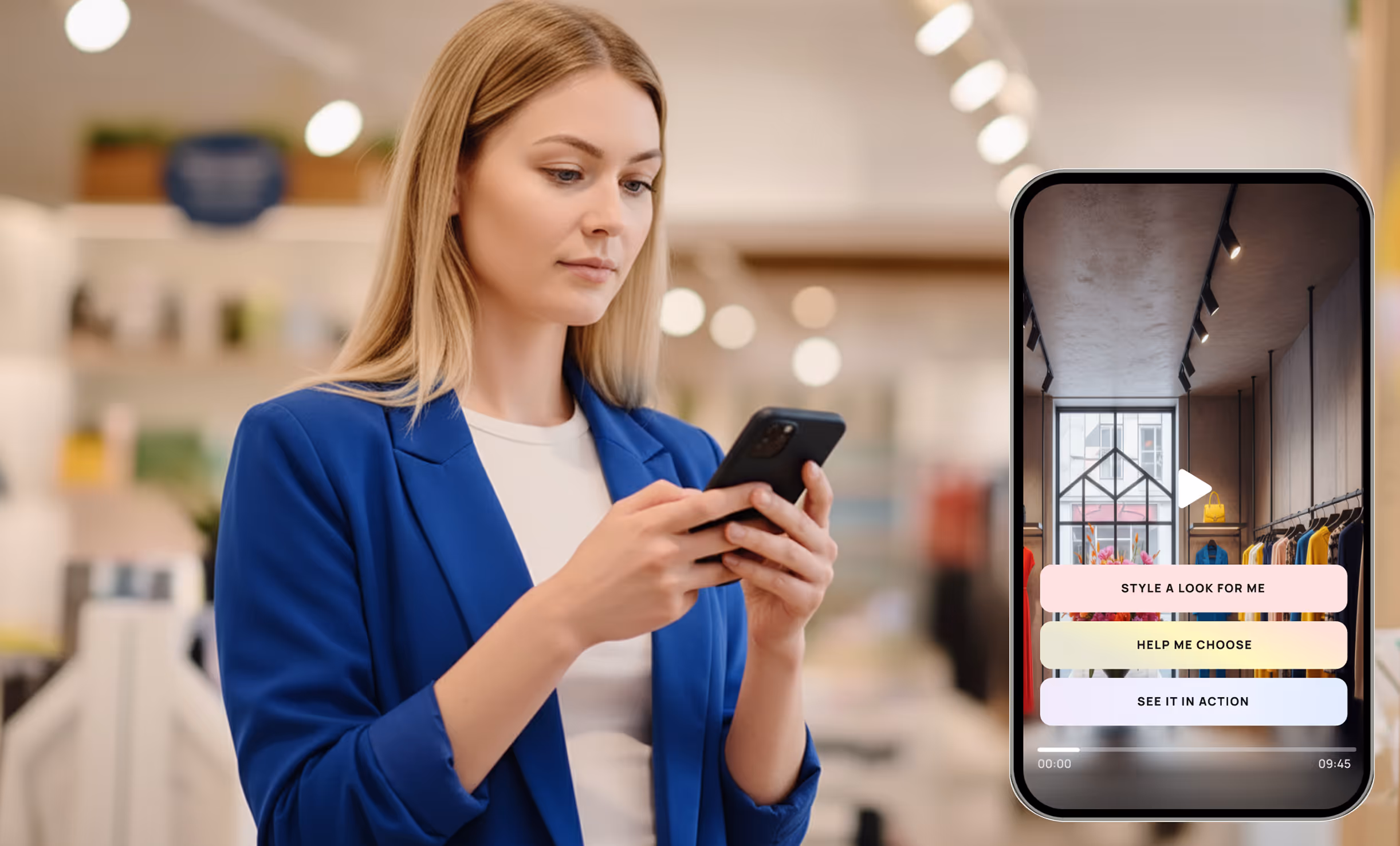 Woman in blue blazer looking at her smartphone with a mobile screen overlay showing a fashion app with options: Style a Look for Me, Help Me Choose, See It in Action.