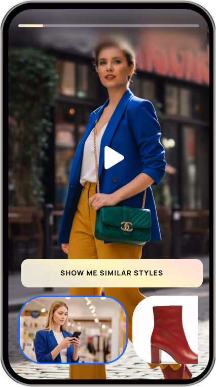 Woman in a blue blazer, white top, and mustard pants carrying a green Chanel bag, with a button to show similar styles below.