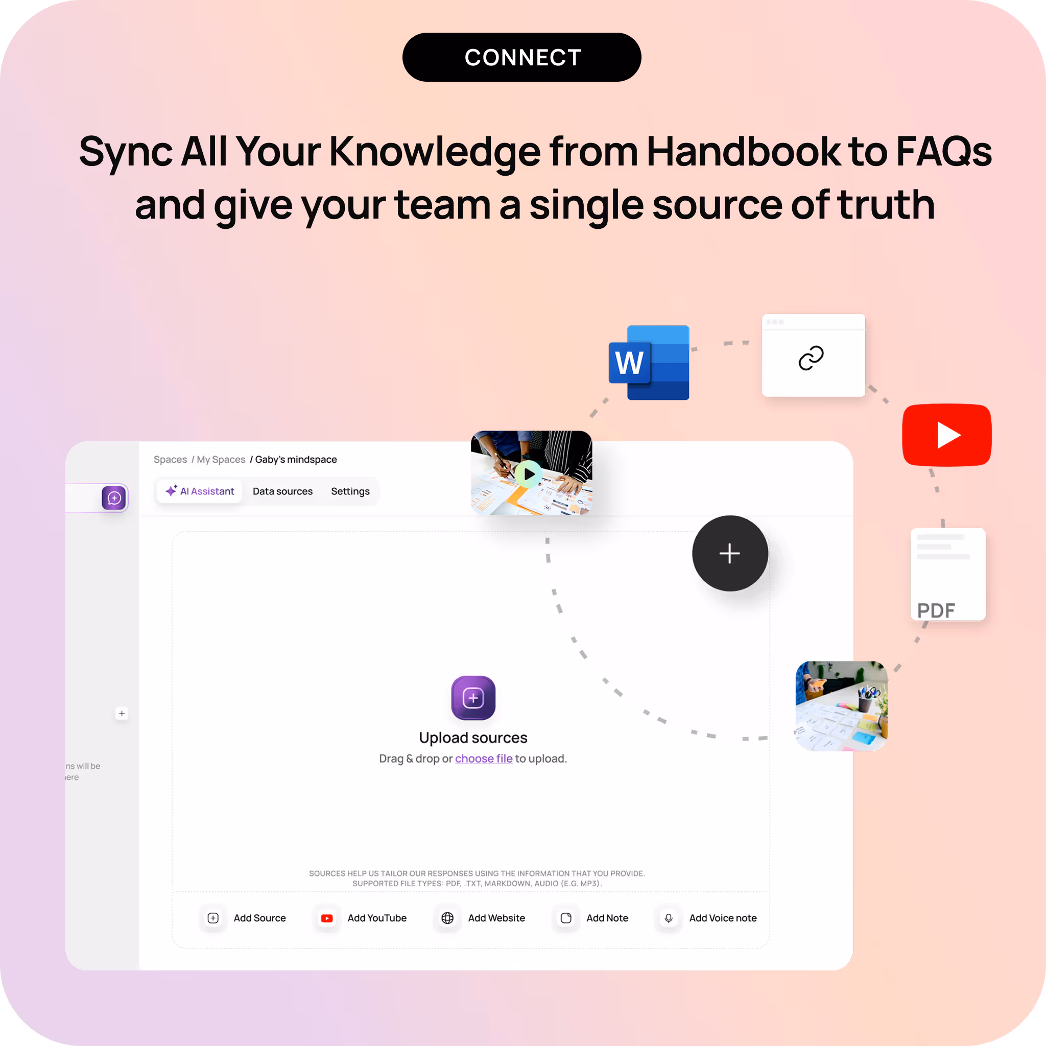 User interface showing options to upload sources, add YouTube videos, websites, notes, and voice notes to sync knowledge from handbooks to FAQs in a workspace called Gaby's mindspace.