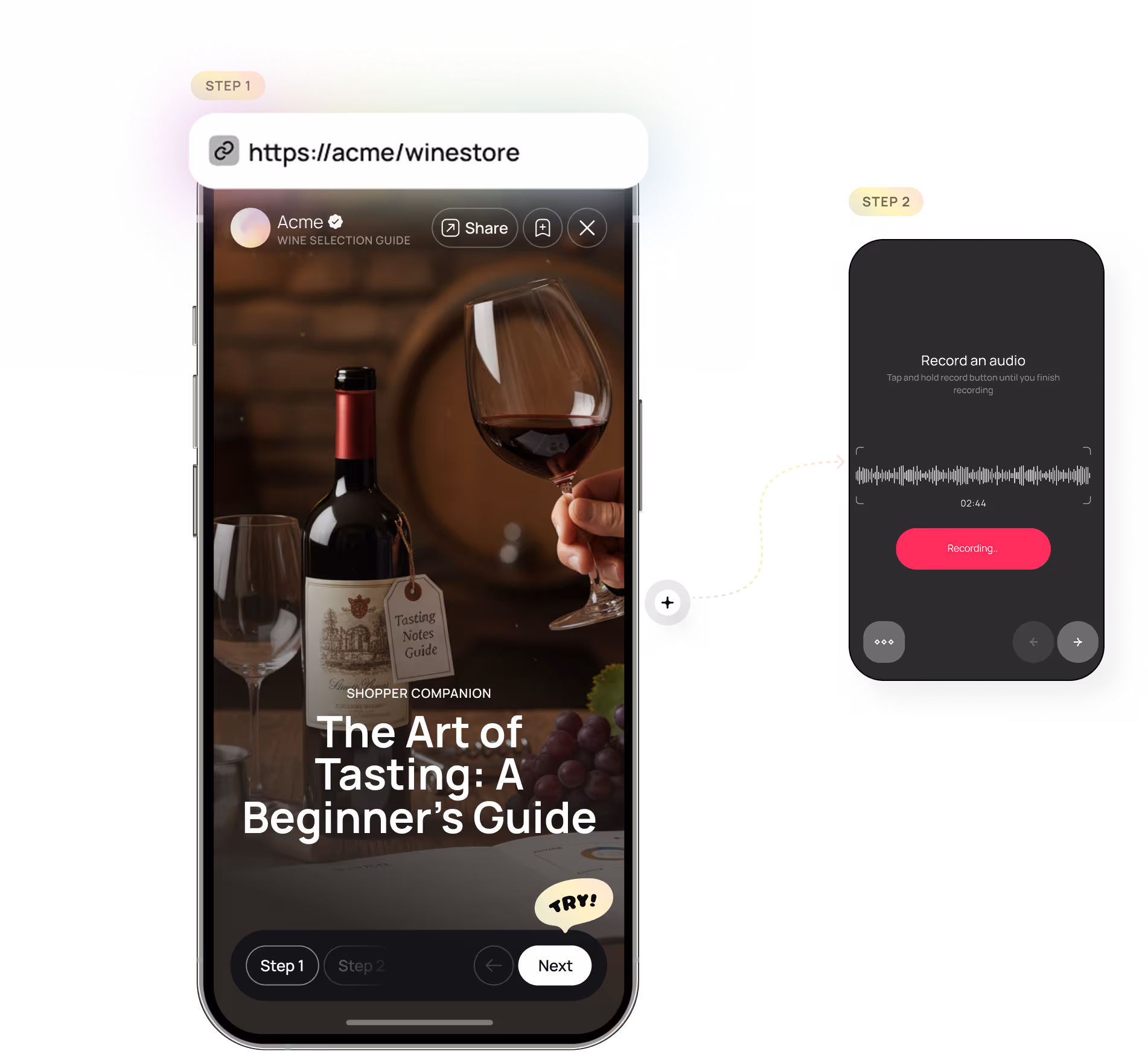 Smartphone screen showing a wine tasting guide titled 'The Art of Tasting: A Beginner’s Guide' with a wine bottle, glass, and person holding a glass of red wine, alongside a smaller screen with a recording interface labeled 'Record an audio'.