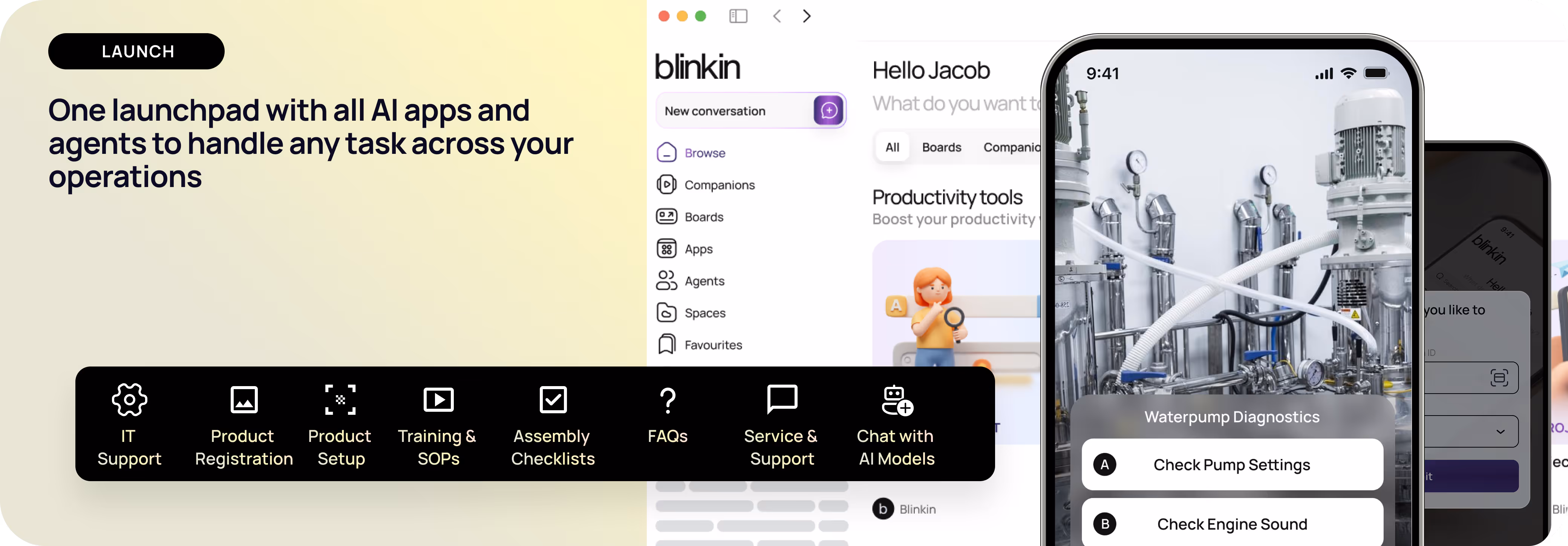 User interface showing a launchpad for AI apps and agents with navigation options and a mobile screen displaying waterpump diagnostics.