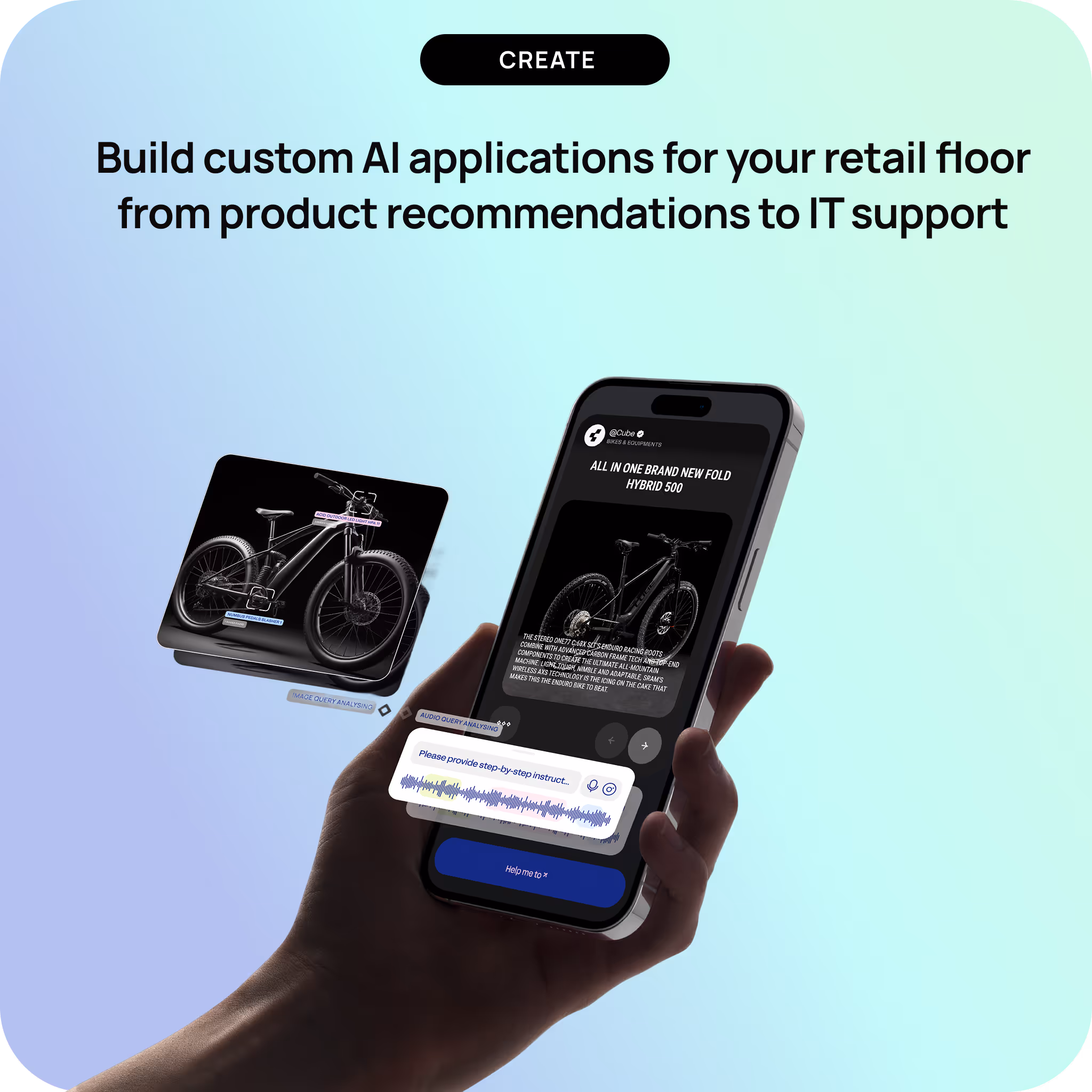 Hand holding a smartphone displaying an AI app with a mountain bike image and voice command waveform on a blue gradient background with text about building custom AI applications for retail floors.