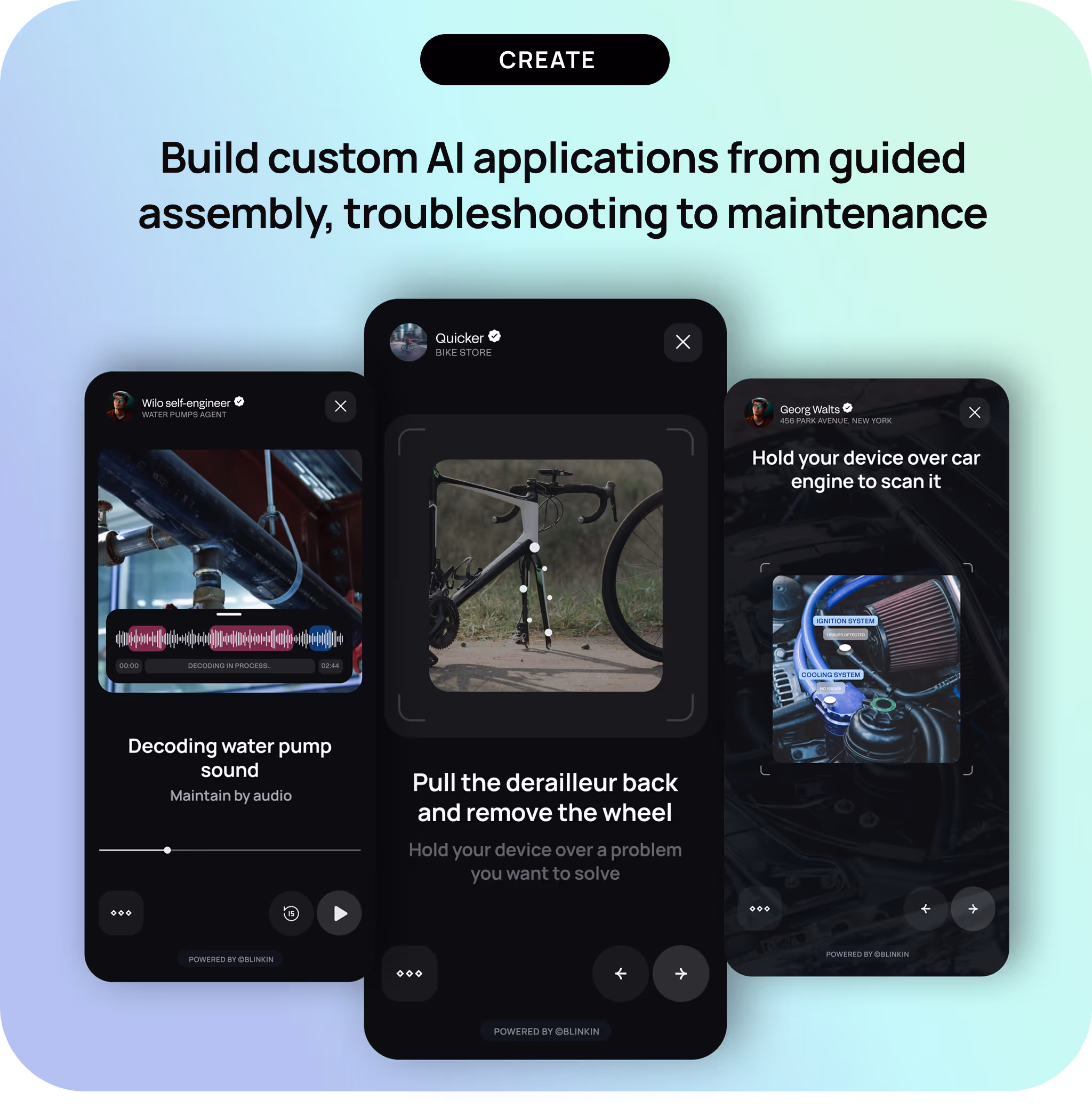 Three mobile phone screens showing AI-guided instructions: decoding water pump sound by audio, pulling bike derailleur to remove wheel, and scanning a car engine with device for ignition and cooling systems.