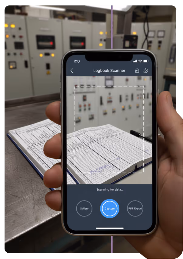 Hand holding a smartphone scanning a logbook page with an app interface showing options for Gallery, Capture, and PDF Export.
