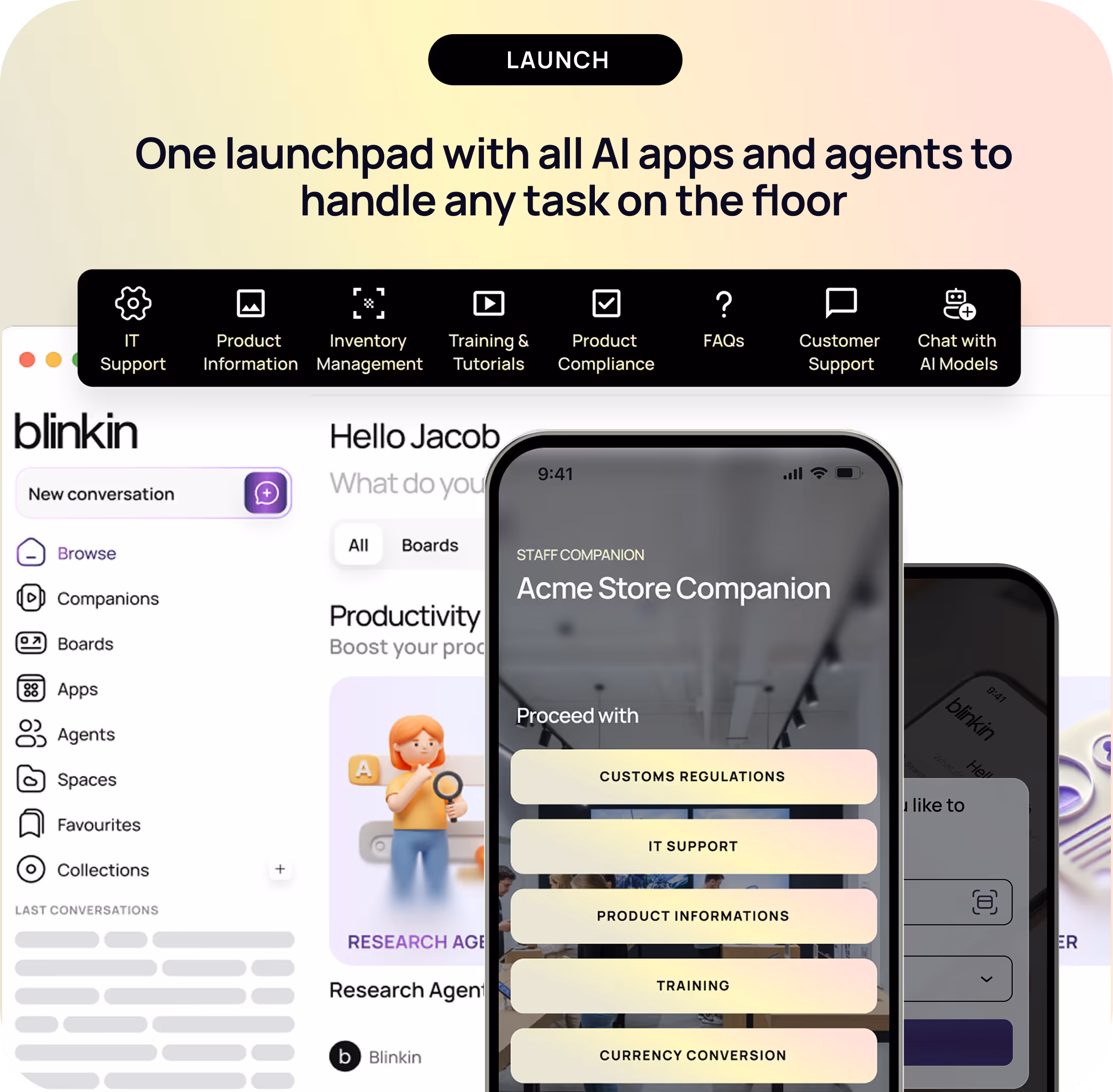 Dashboard interface of Blinkin AI platform showing a launchpad with AI apps for IT support, product info, training, compliance, FAQs, customer support, and chat with AI models, alongside a smartphone screen with an Acme Store Companion app listing options like customs regulations, IT support, and currency conversion.