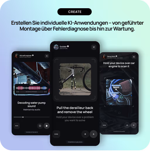 Three smartphone screens showing AI applications: decoding water pump sound, bike repair instructions, and car engine scanning with system labels.