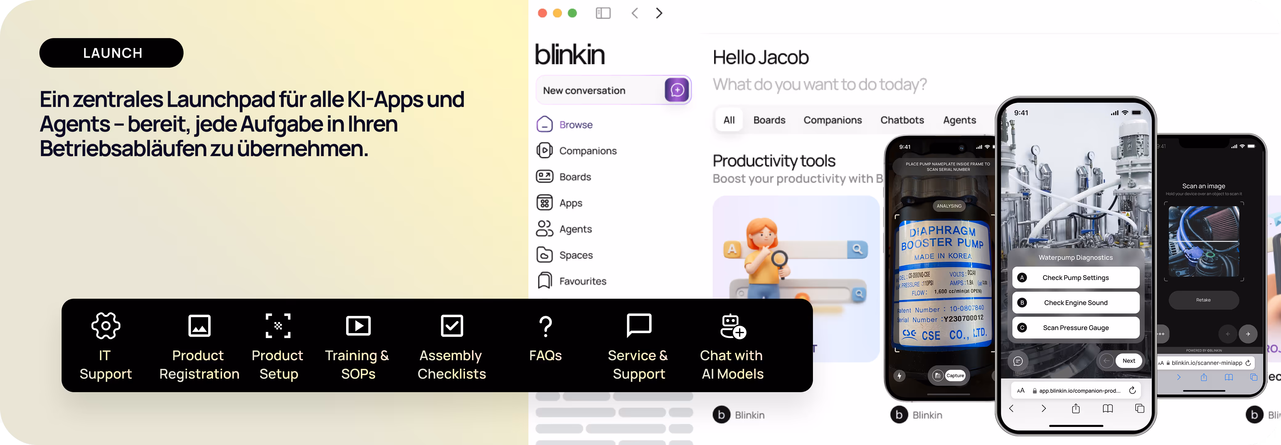 Interface of Blinkin app showing a launchpad for AI apps and agents with options for IT support, product registration, training SOPs, assembly checklists, FAQs, service support, and AI chat, alongside mobile screens displaying diagnostic tools and image scanning features.