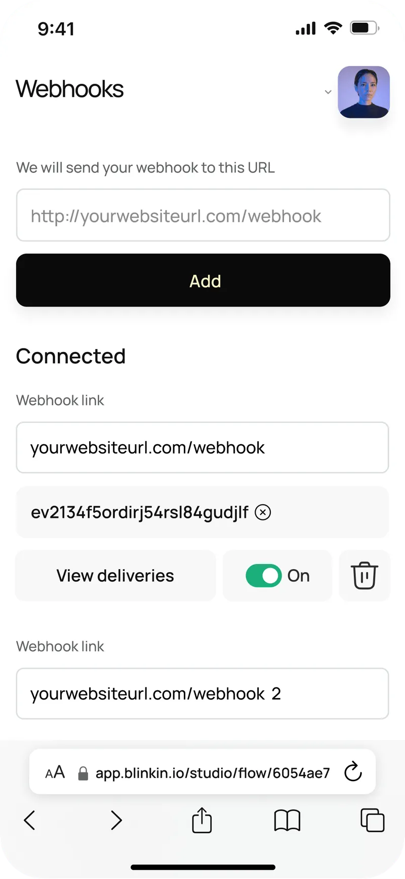 Mobile screen showing a webhook settings interface with input fields for webhook URLs, a token, toggle switch on, and options to add, view deliveries, or delete.