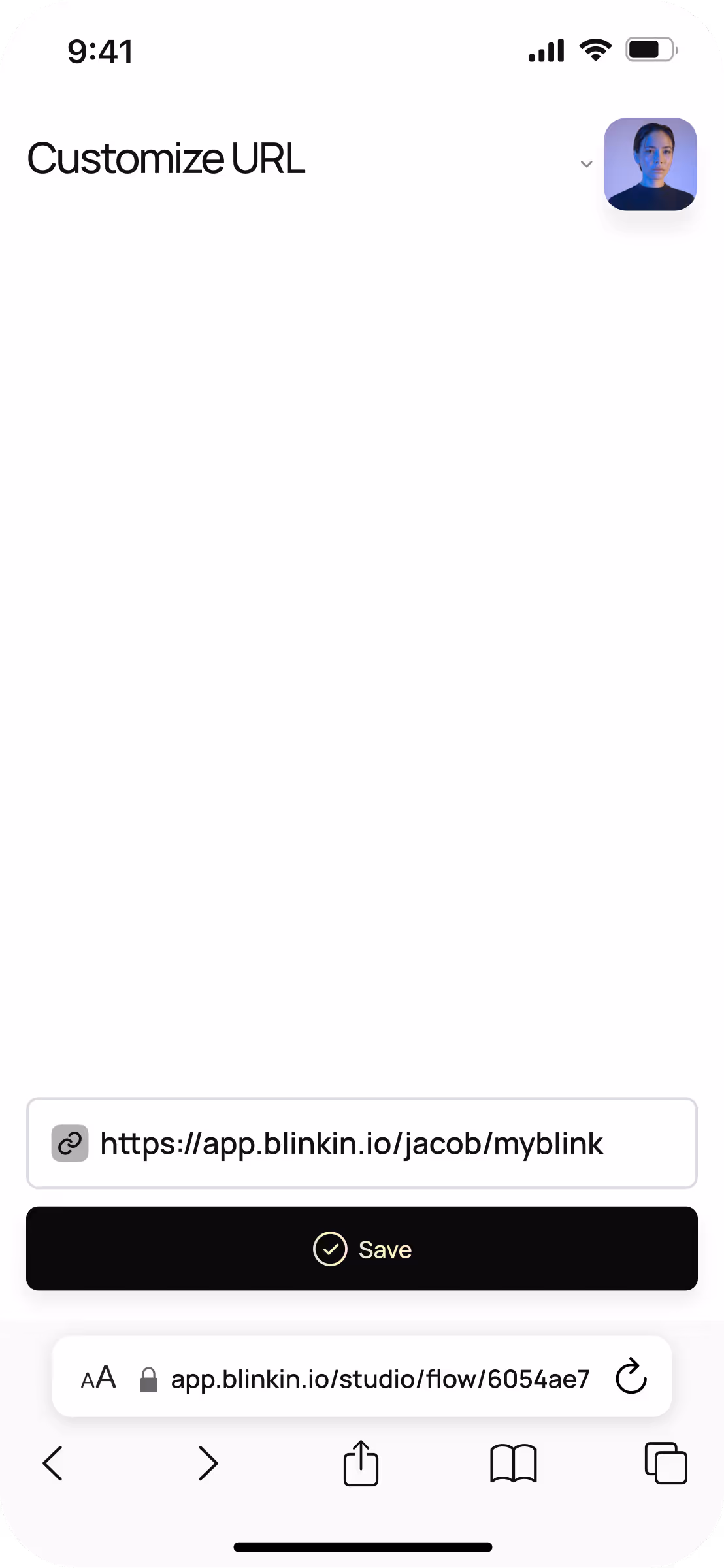 Mobile screen showing a URL customization interface with the editable URL https://app.blinkin.io/jacob/myblink and a black Save button below it.
