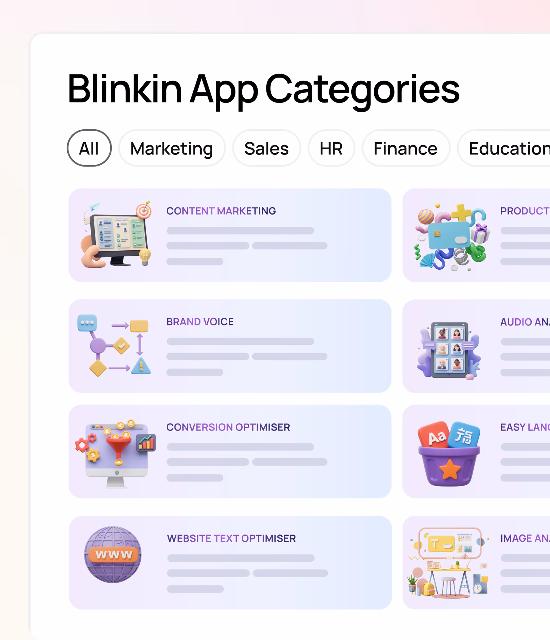 Screen showing Blinkin App Categories with filter buttons for All, Marketing, Sales, HR, Finance, and Education; category cards displayed include Content Marketing, Product, Brand Voice, Audio Analysis, Conversion Optimiser, Easy Language, Website Text Optimiser, and Image Analysis with related icons.