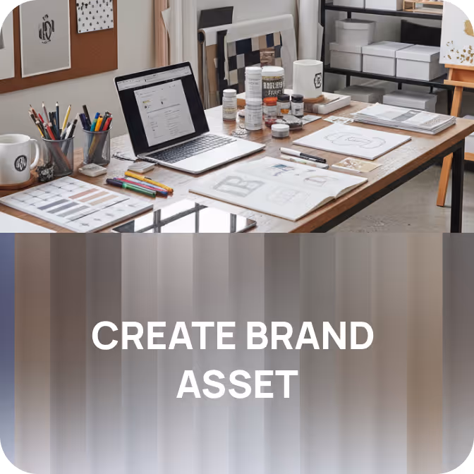 Workspace with laptop, colored pencils, jars of paint, sketches, and branded mugs on a wooden table.