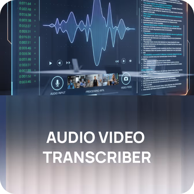 Digital interface showing audio waveform, video feed thumbnails, and text labeled 'Audio Video Transcriber'.