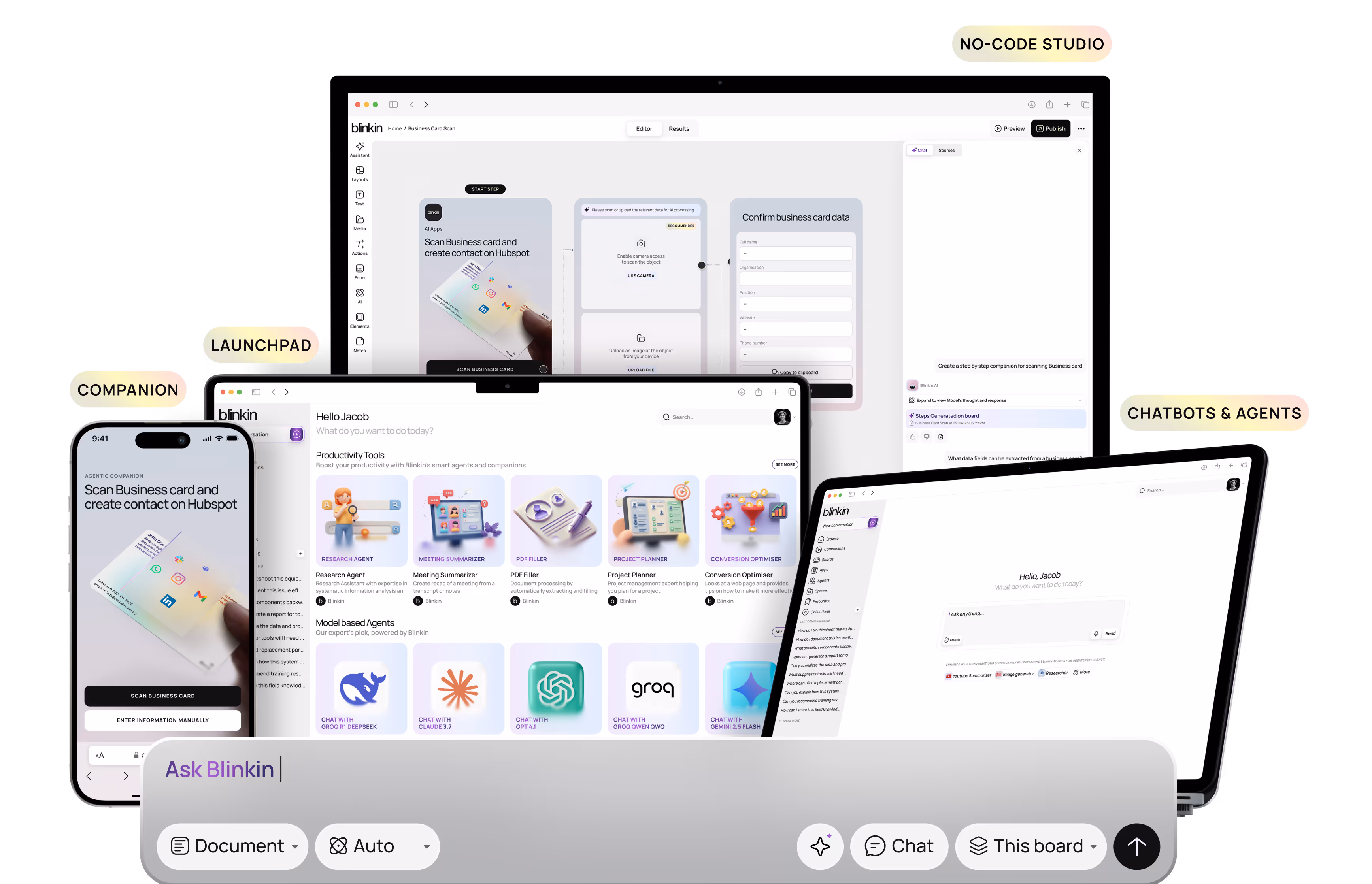Collage of devices showing Blinkin AI tools: No-Code Studio interface for business card scanning, Launchpad with productivity tools, Companion app for scanning business cards, and Chatbots & Agents chat interface.