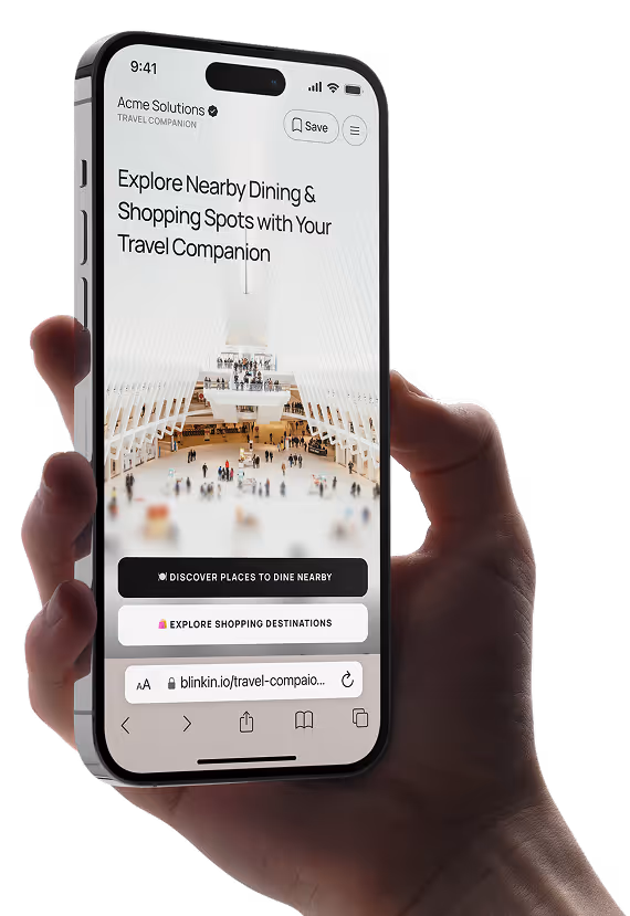 Hand holding smartphone displaying travel app with options to discover nearby dining and shopping spots.